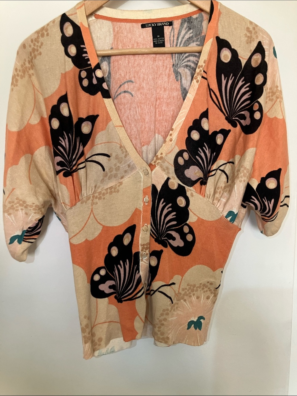 Lucky Brand Peach and Black Butterfly Button-Down Top